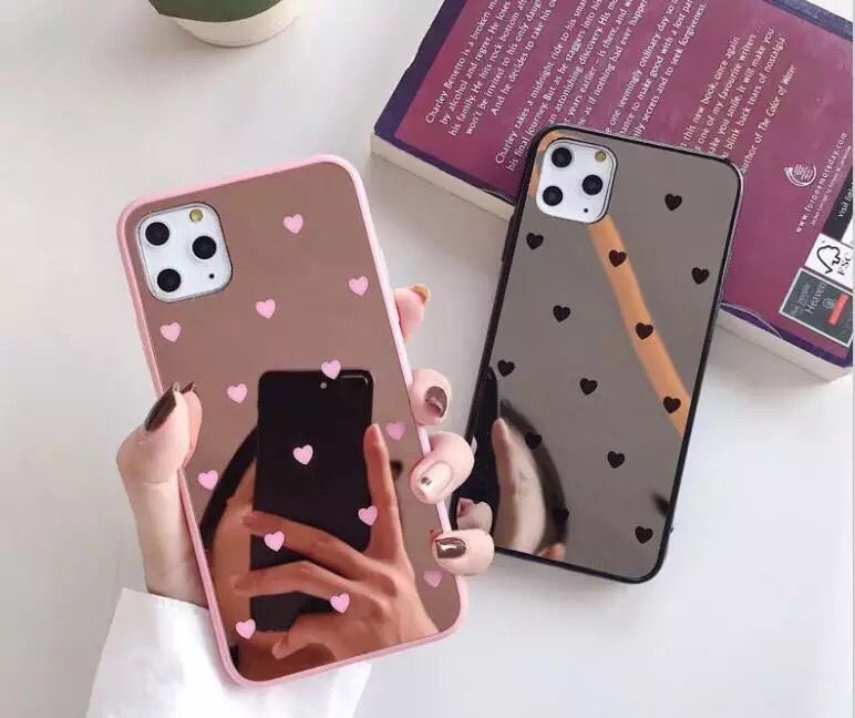 قاب قلب ریز آیینه ای مشکی و صورتی همراه با پاپ سوکت