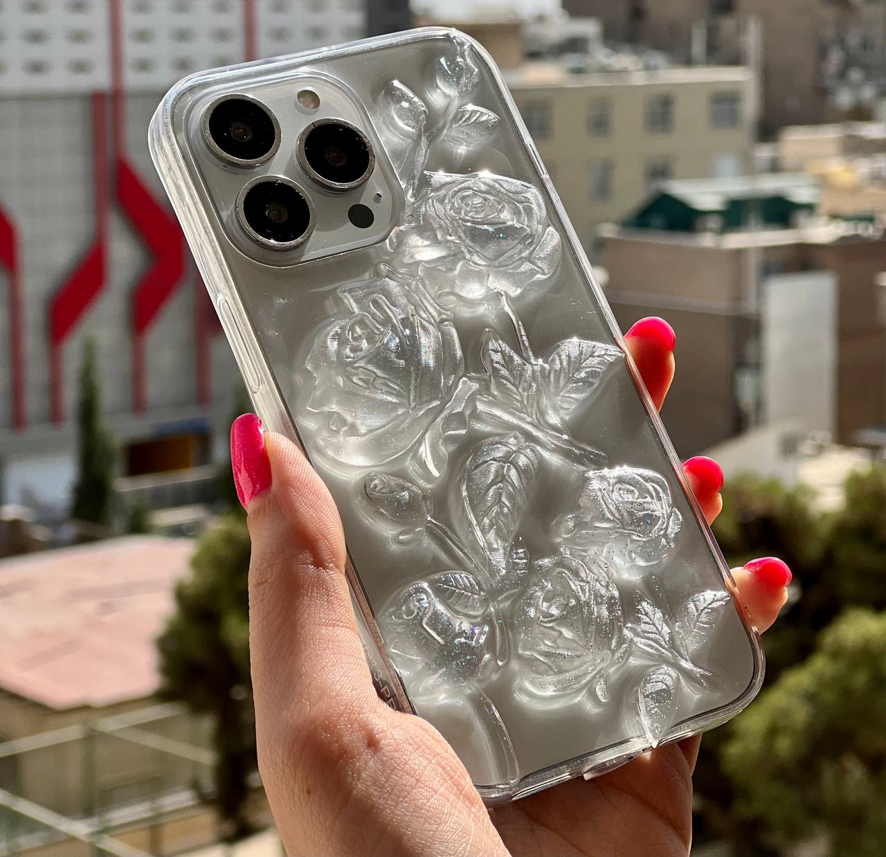 قاب آیفون گل رز شفاف برجسته