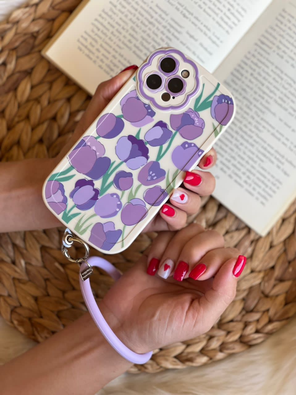 قاب آیفون طرح گل لاله ژینا بنفش + حلقه ست