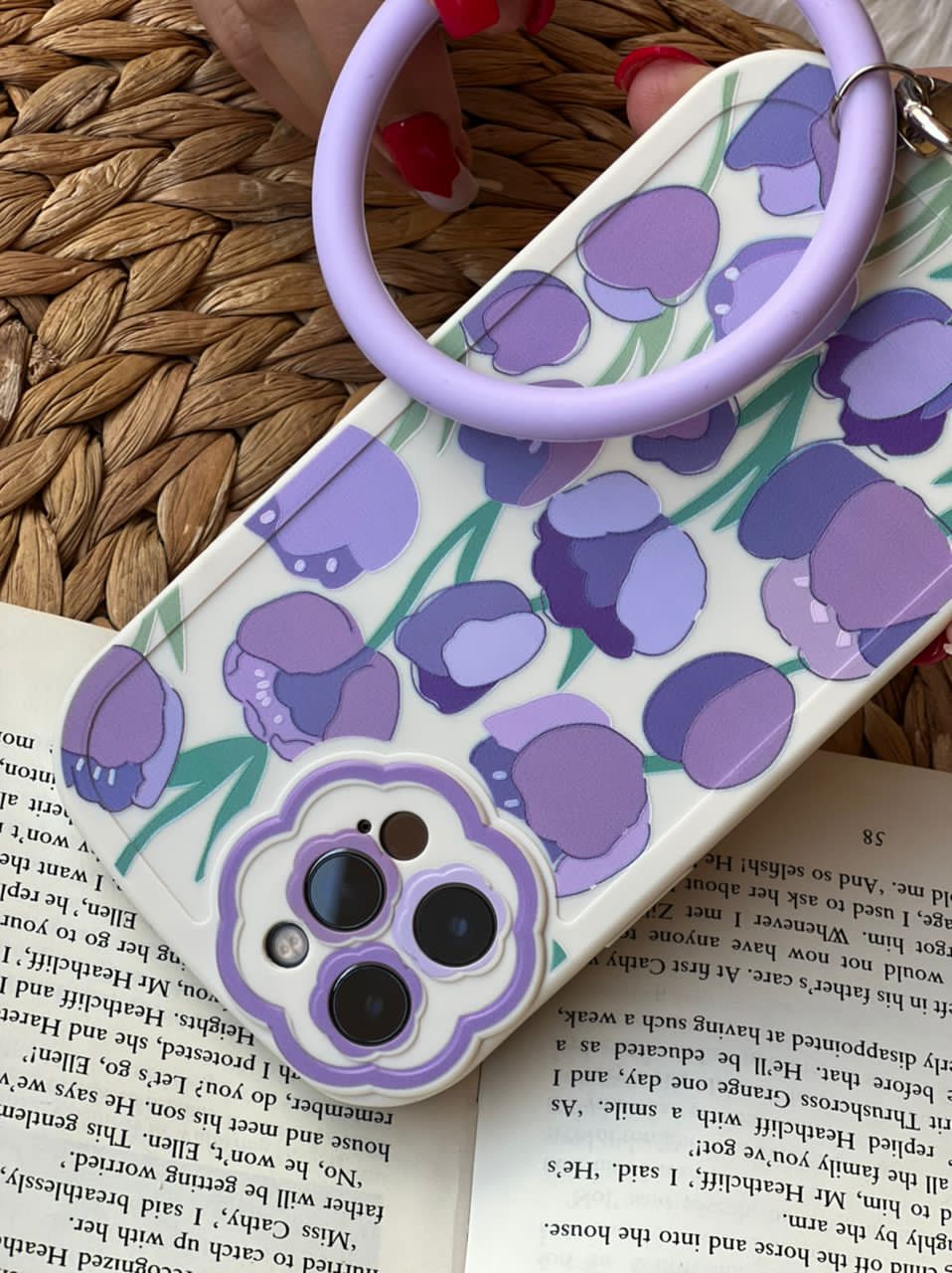 قاب آیفون طرح گل لاله ژینا بنفش + حلقه ست