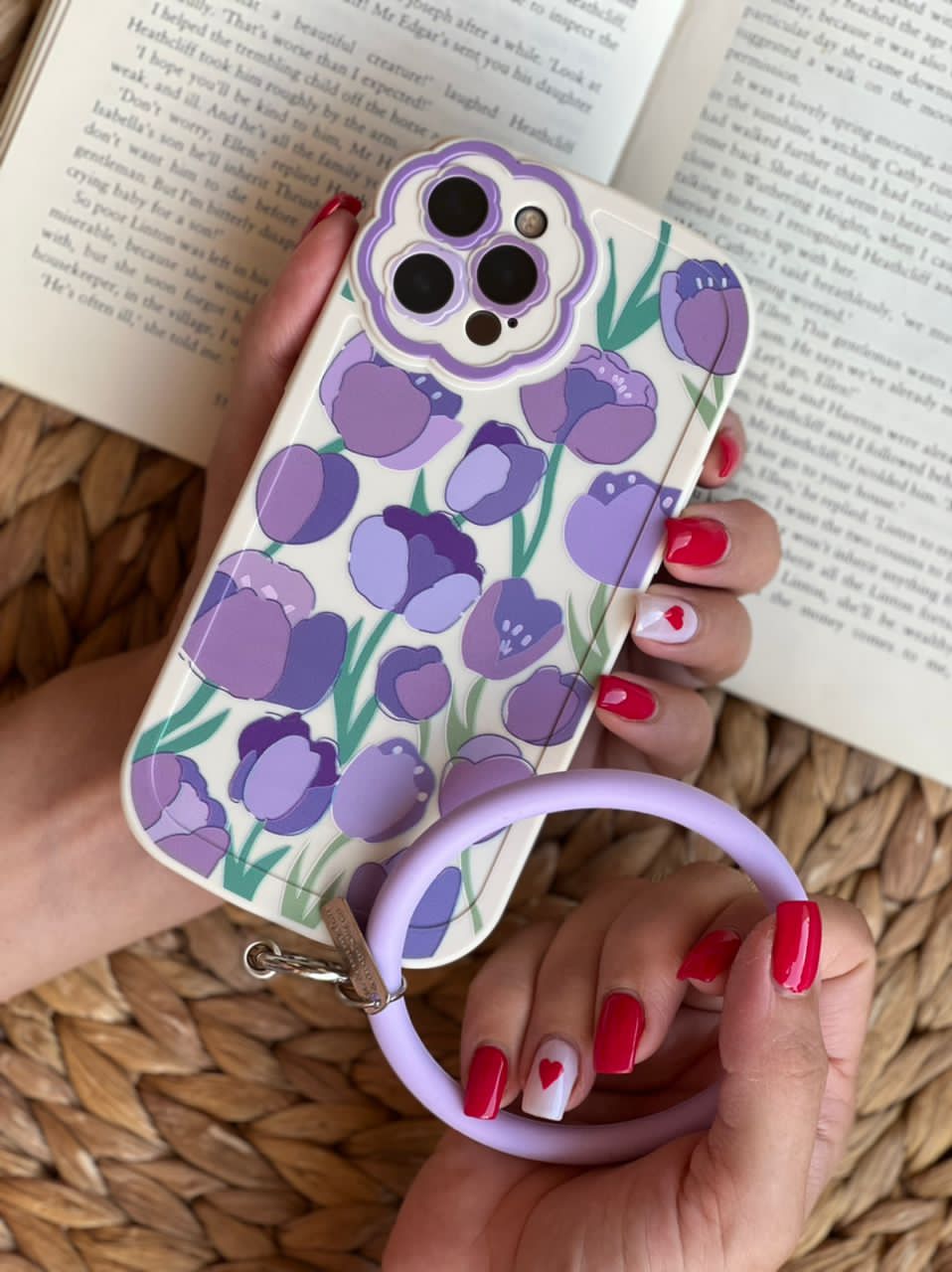 قاب آیفون طرح گل لاله ژینا بنفش + حلقه ست