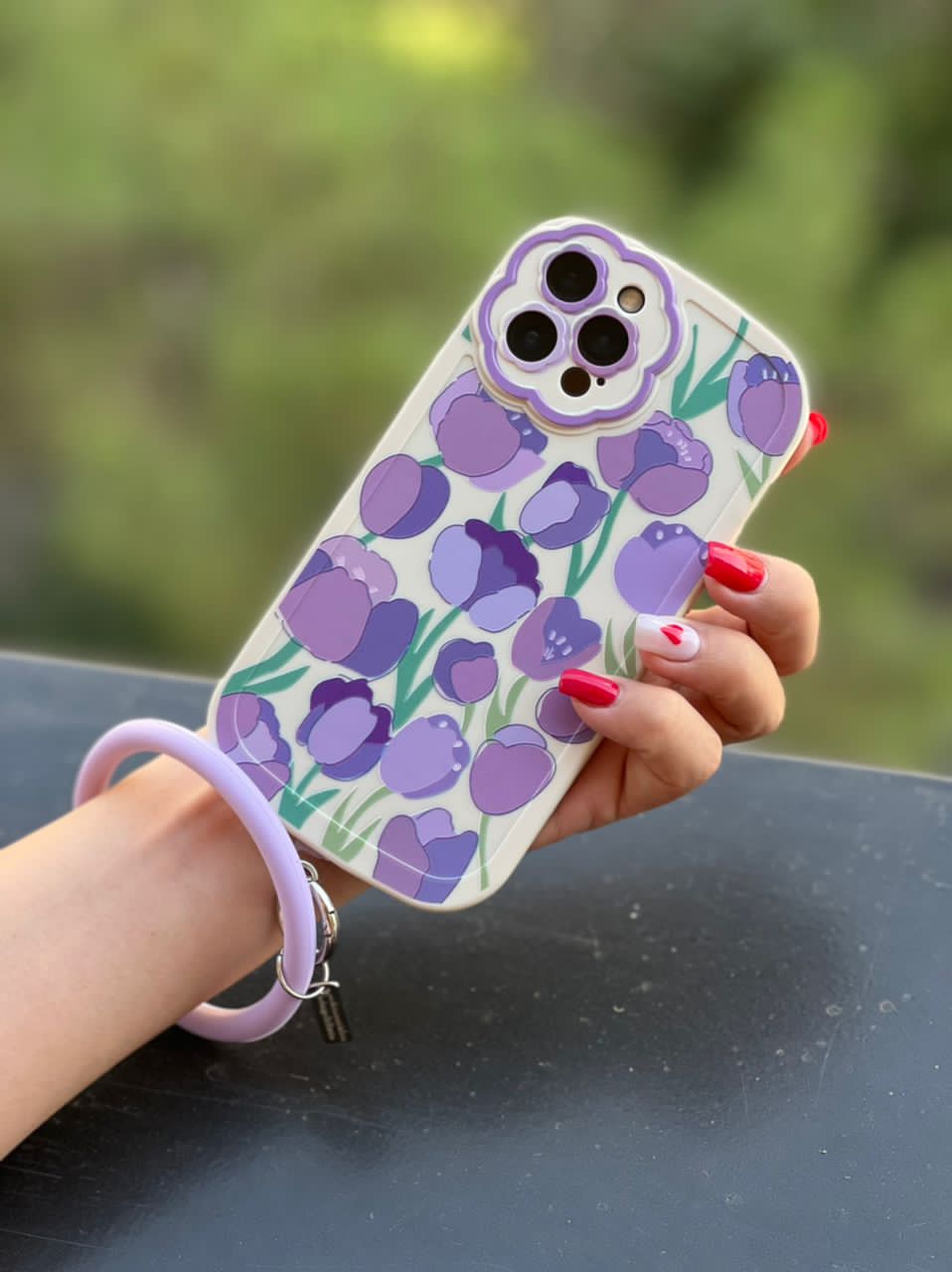 قاب آیفون طرح گل لاله ژینا بنفش + حلقه ست