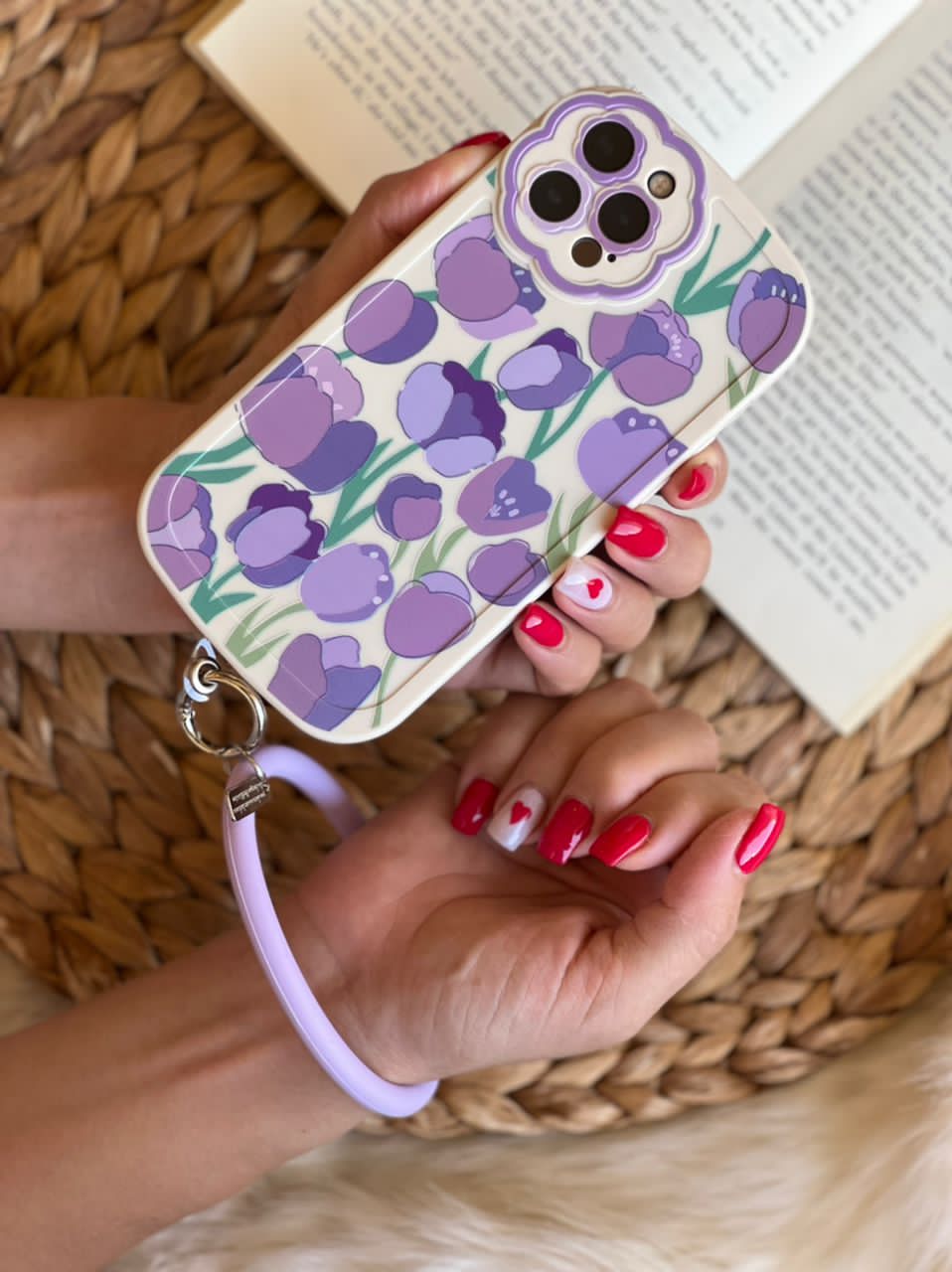 قاب آیفون طرح گل لاله ژینا بنفش + حلقه ست