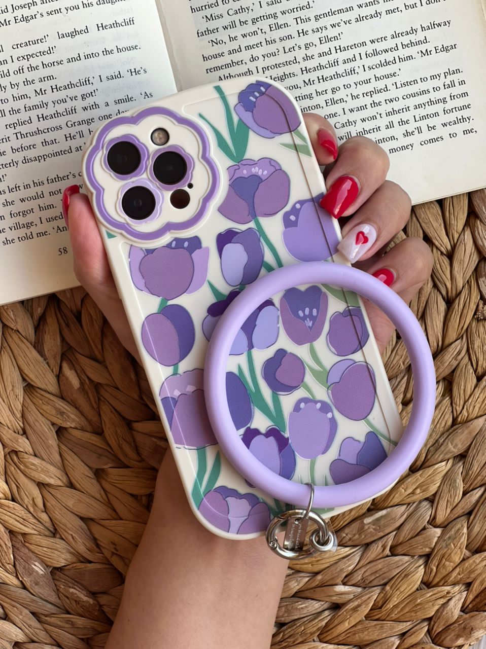 قاب آیفون طرح گل لاله ژینا بنفش + حلقه ست