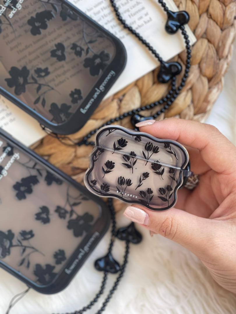قاب آیفون و کاور ایرپاد flowers مشکی بیرنگ + بند ست قلبی