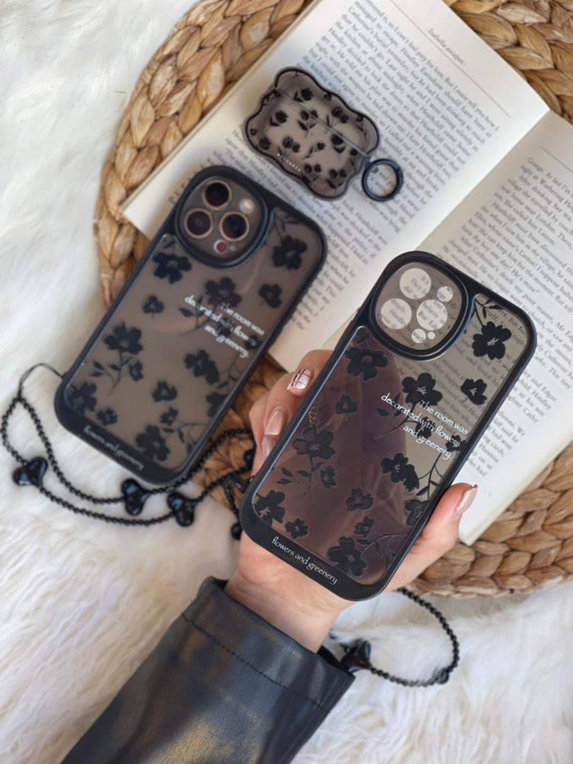 قاب آیفون flowers مشکی بیرنگ + بند ست قلبی