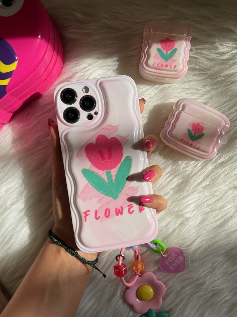 قاب آیفون و کاور ایرپاد Flower صورتی با آویز