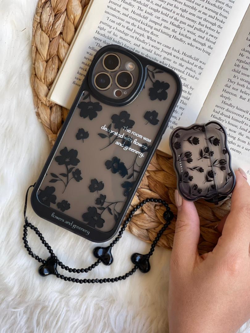 قاب آیفون flowers مشکی بیرنگ + بند ست قلبی