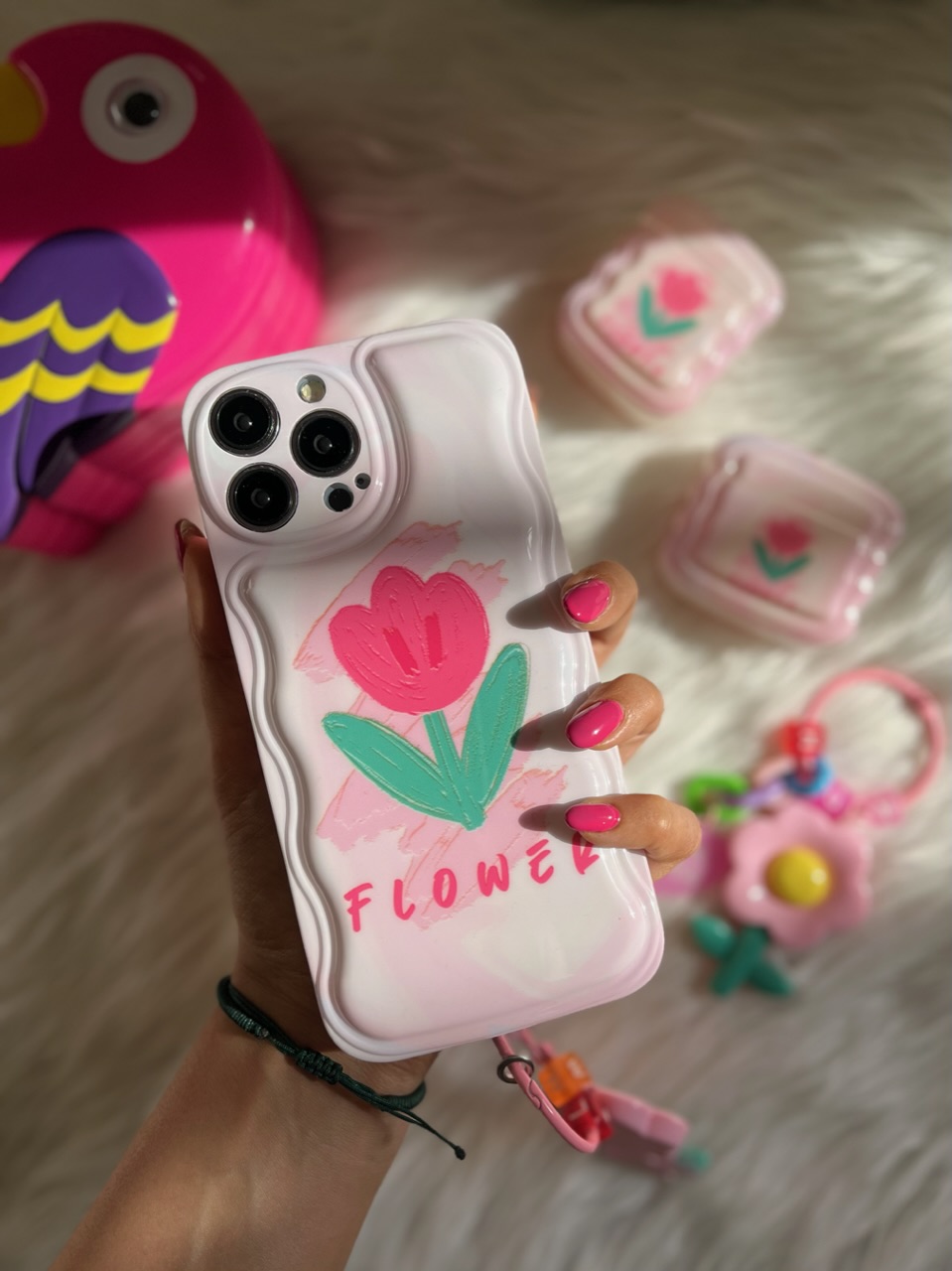 قاب آیفون و کاور ایرپاد Flower صورتی با آویز