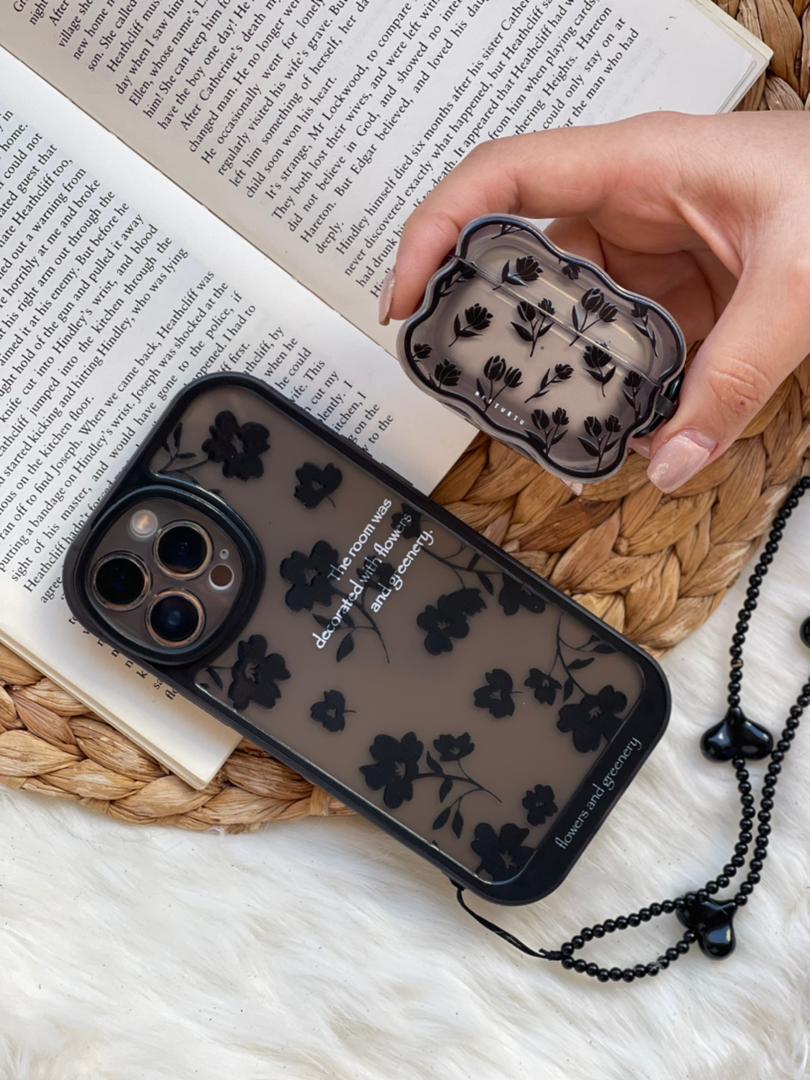 قاب آیفون flowers مشکی بیرنگ + بند ست قلبی