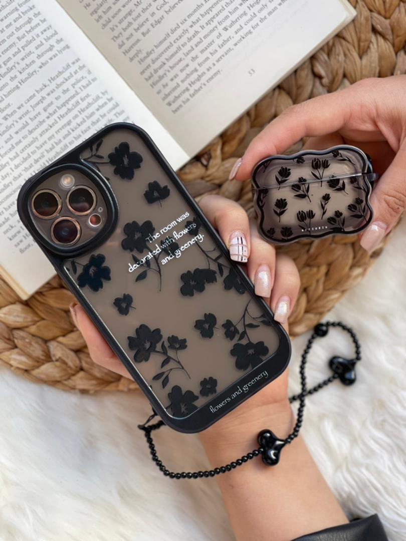 قاب آیفون flowers مشکی بیرنگ + بند ست قلبی