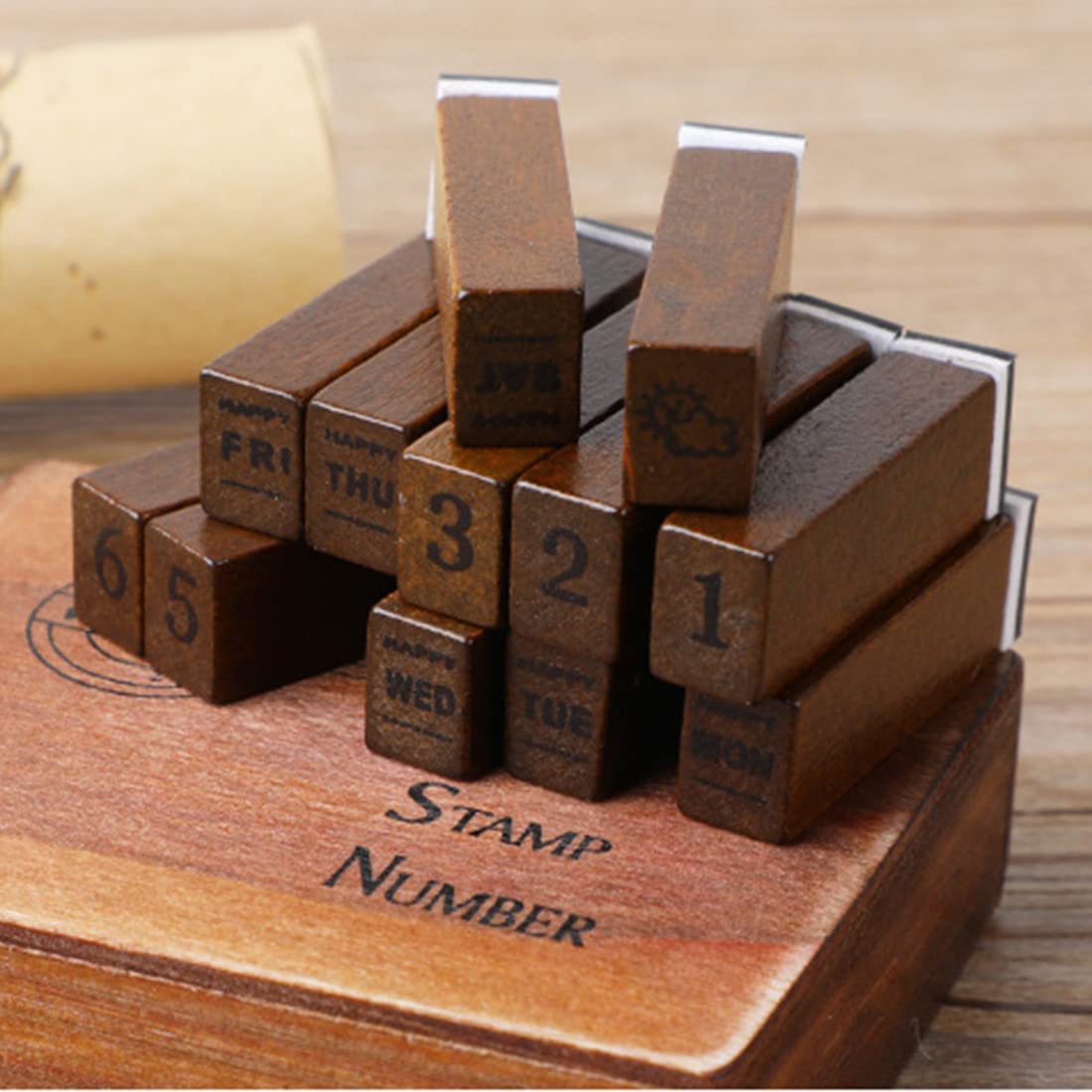 مهر چوبی 28 تایی اعداد انگلیسی، روزهای هفته و آب و هوا