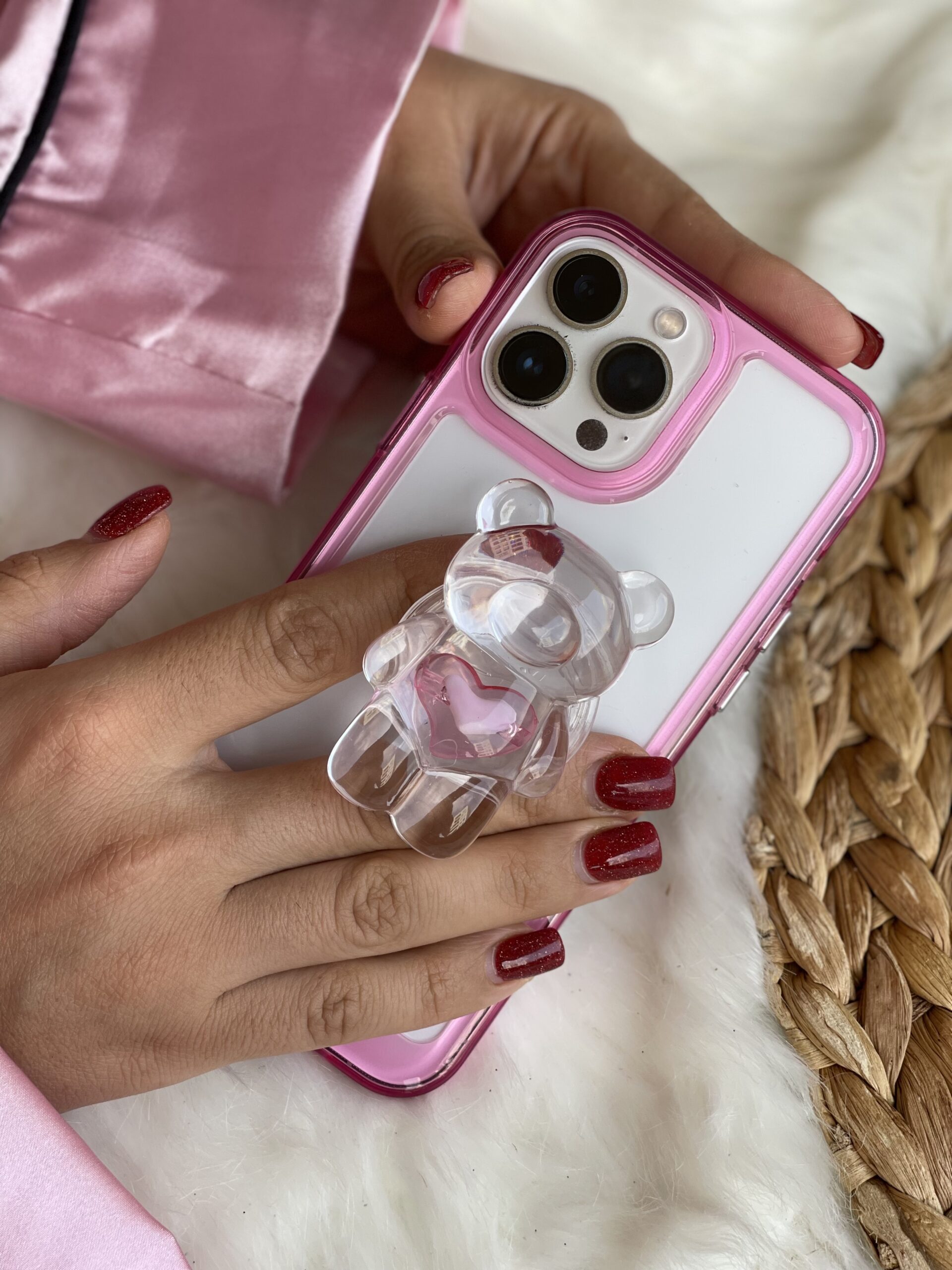 قاب موبایل آیفون خرس کریستالی صورتی