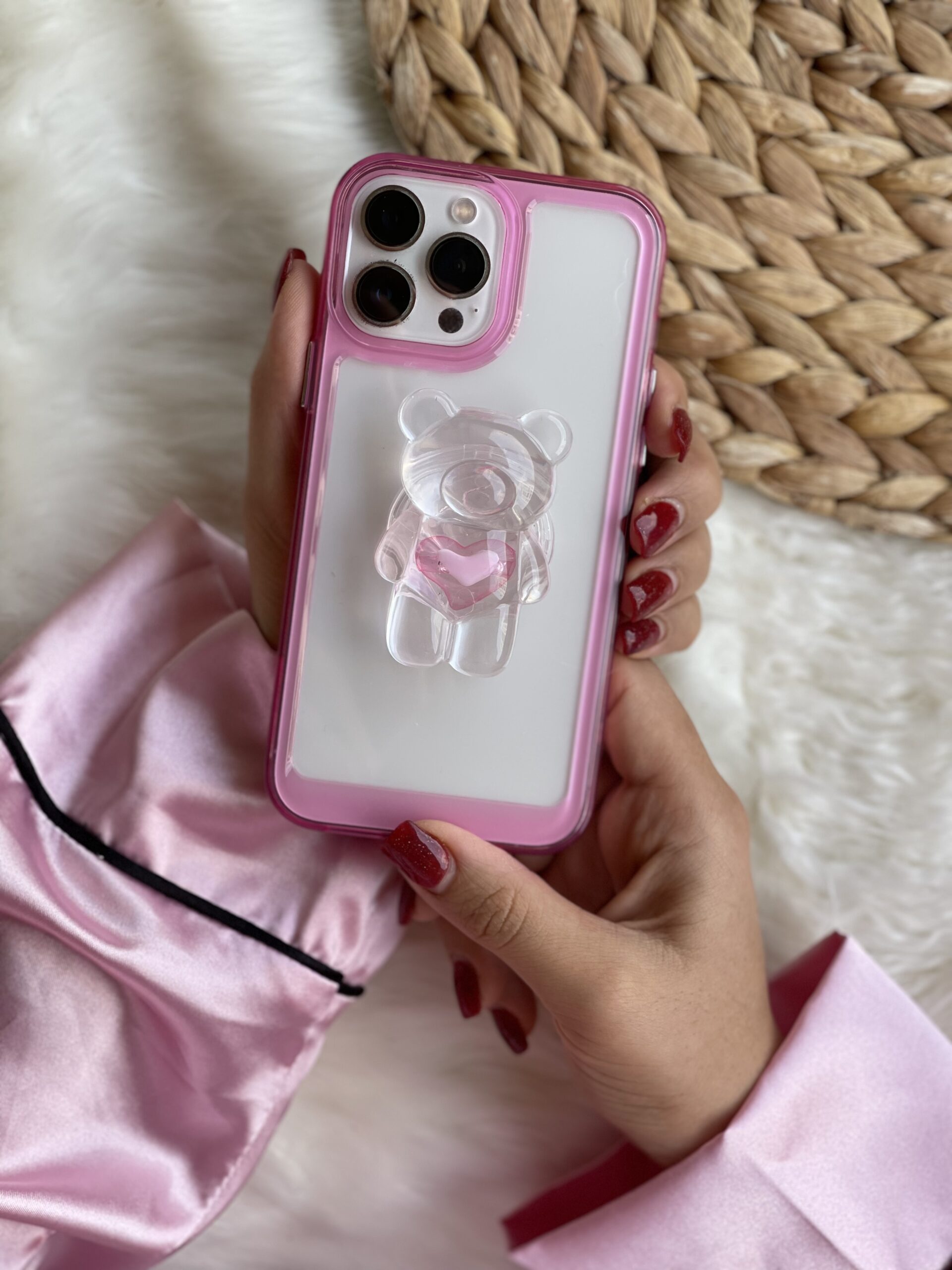 قاب موبایل آیفون خرس کریستالی صورتی