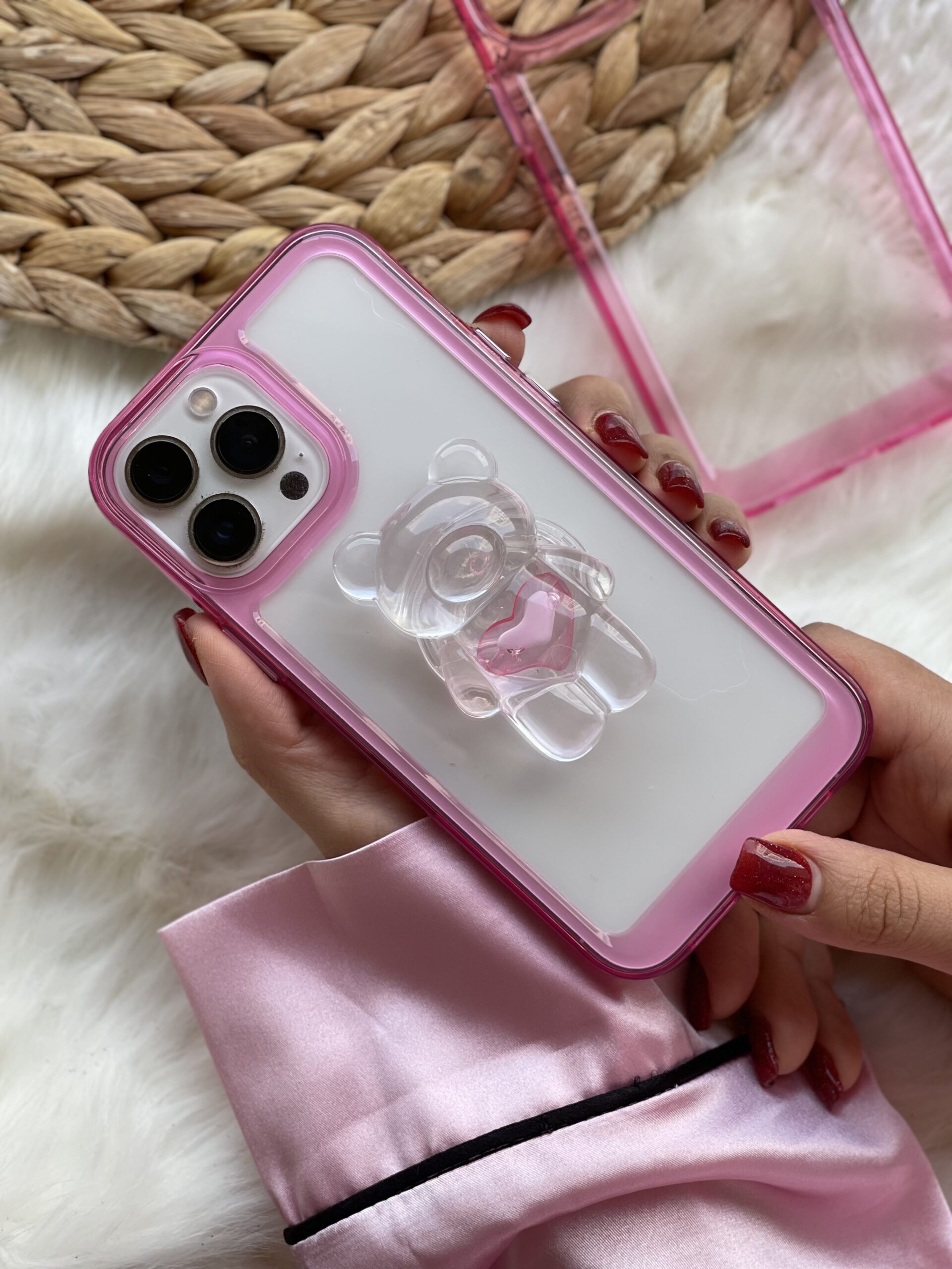 قاب موبایل آیفون خرس کریستالی صورتی