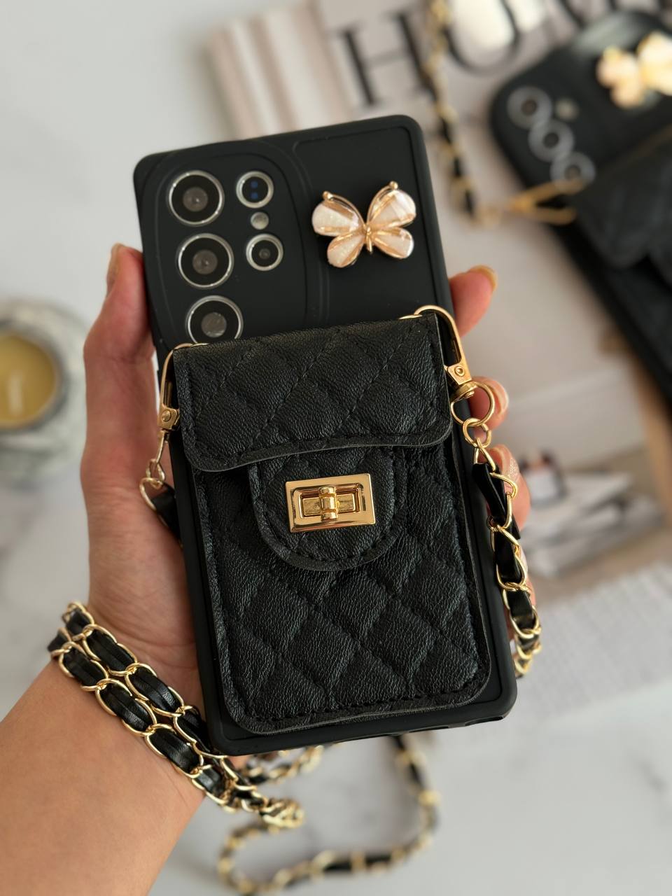 قاب آیفون بالشتی پروانه ای جاکارتی دار