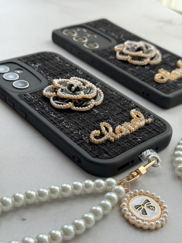 قاب سامسونگ شنل گل حصیری مشکی بند مرواریدی