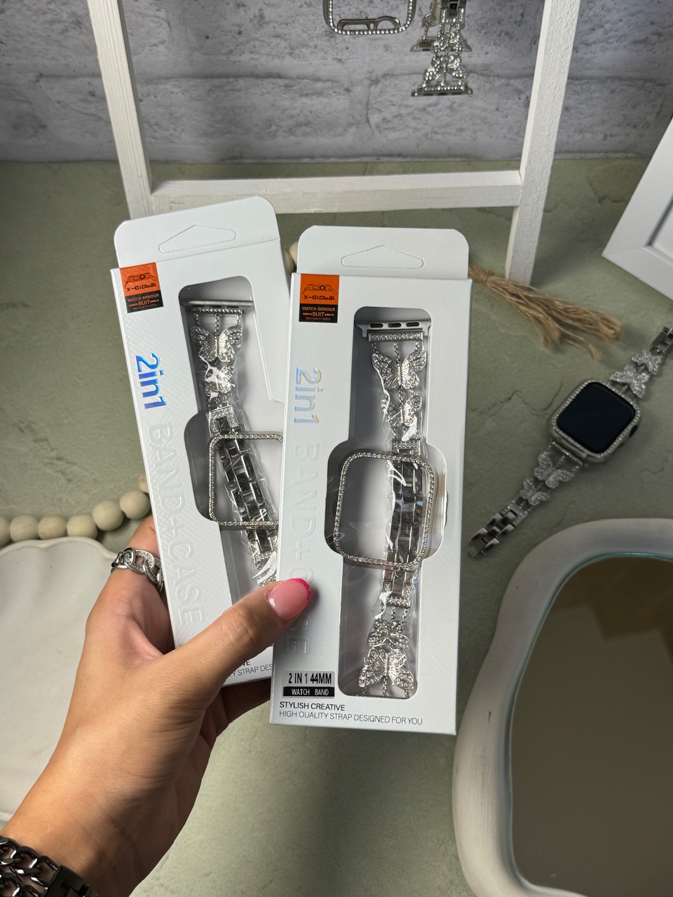 بند اپل واچ پروانه نگینی استیل + گارد نگین دار