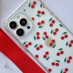 قاب موبایل سفارشی دو قلاب شفاف آلبالو با بند قرمز (کد 0215)