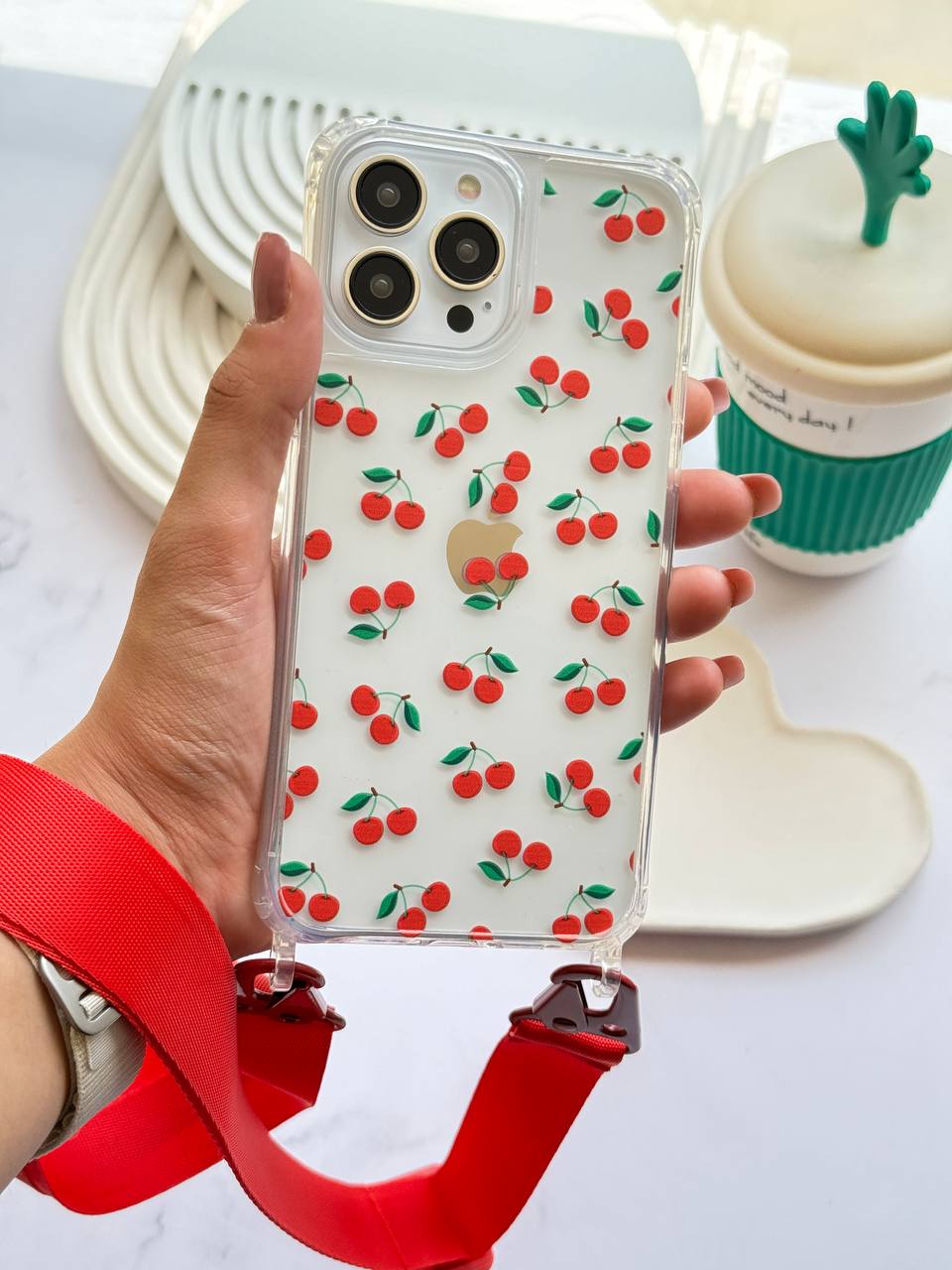 قاب موبایل سفارشی دو قلاب شفاف آلبالو با بند قرمز (کد 0215)