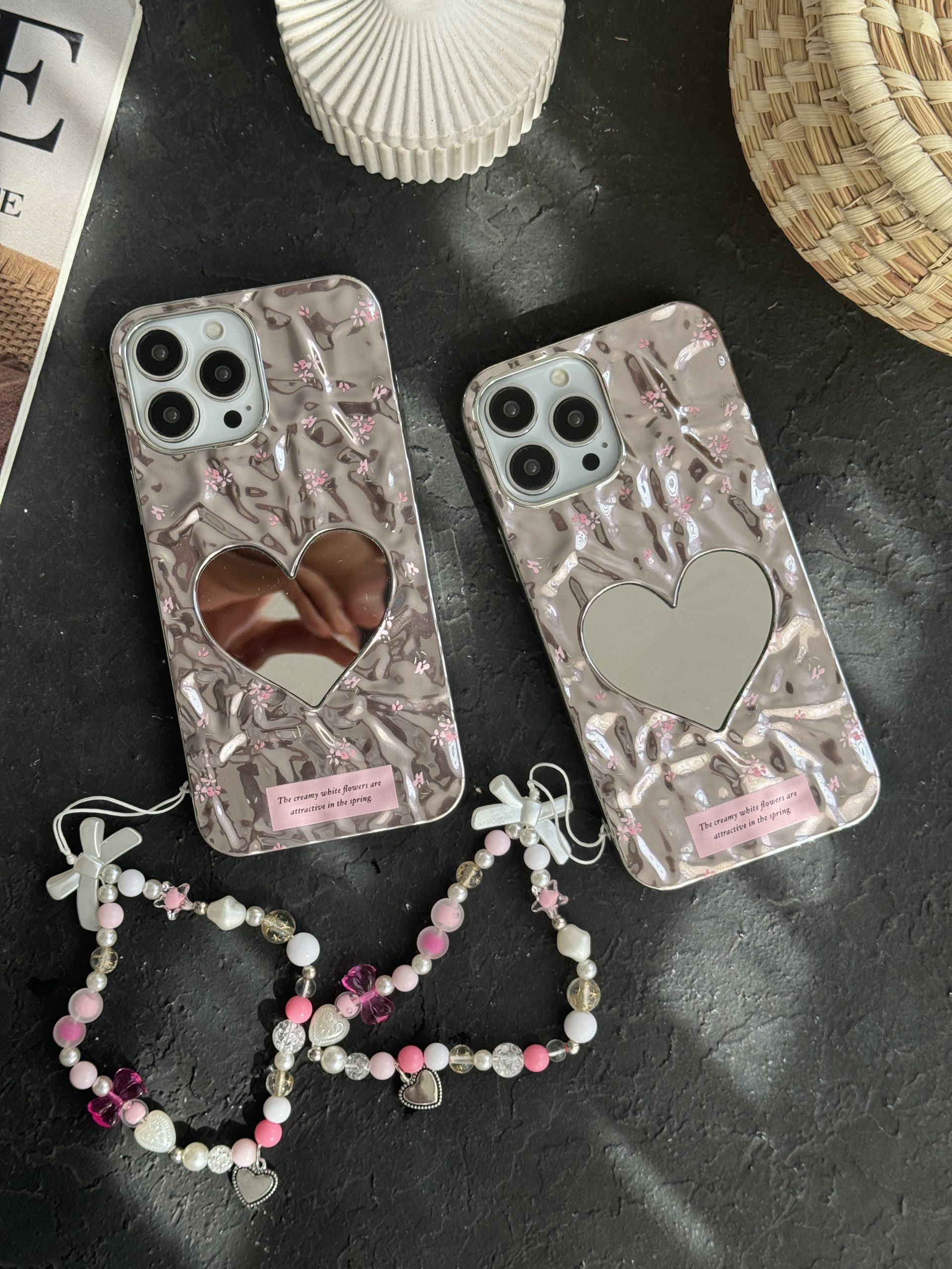 قاب آیفون گل ریز قلب آیینه ای موج دار رزگلد بنددار