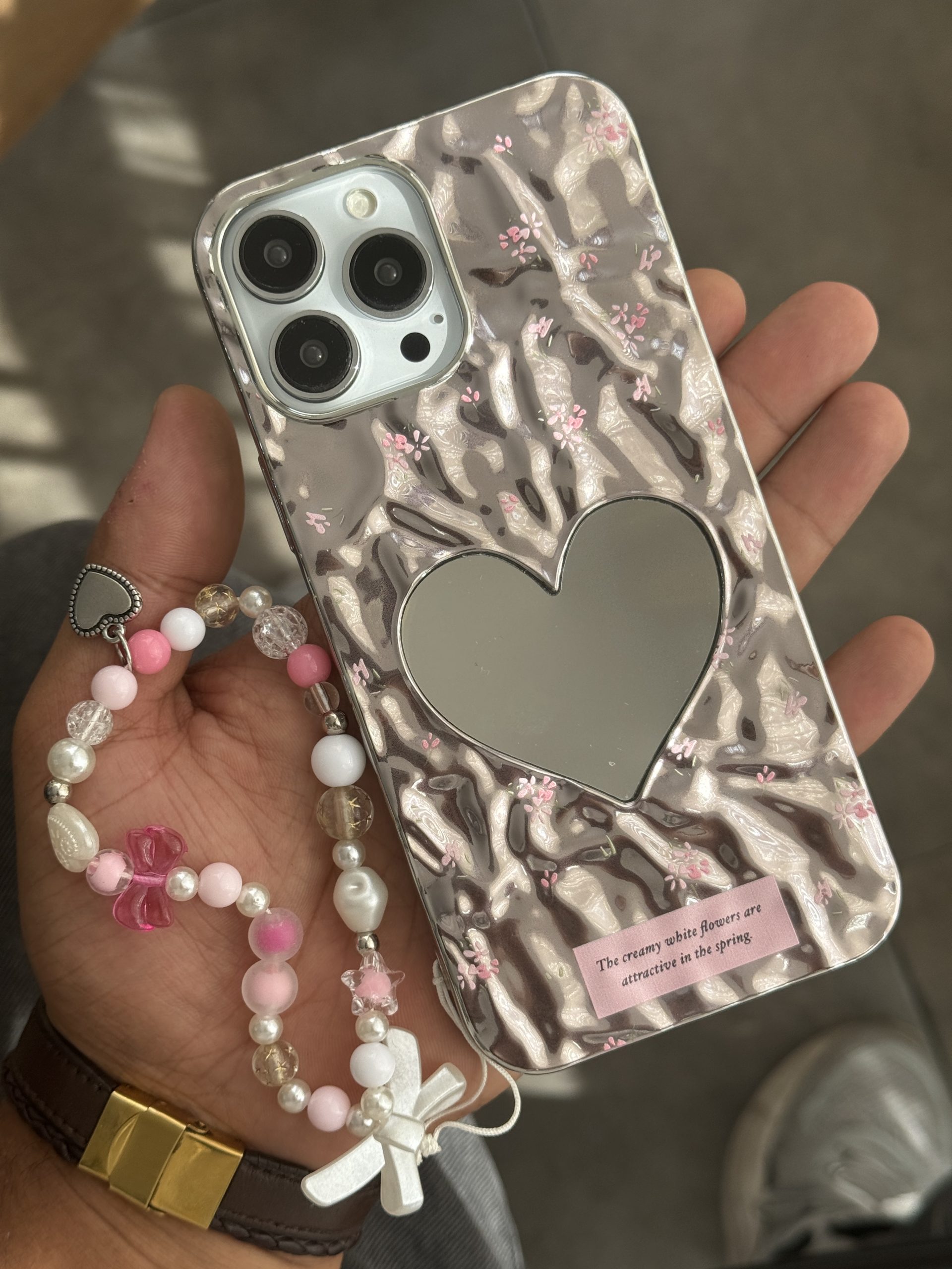 قاب آیفون گل ریز قلب آیینه ای موج دار رزگلد بنددار