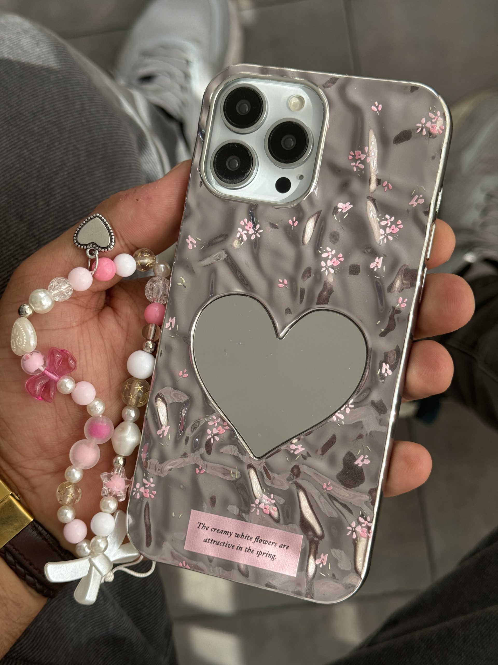 قاب آیفون گل ریز قلب آیینه ای موج دار رزگلد بنددار