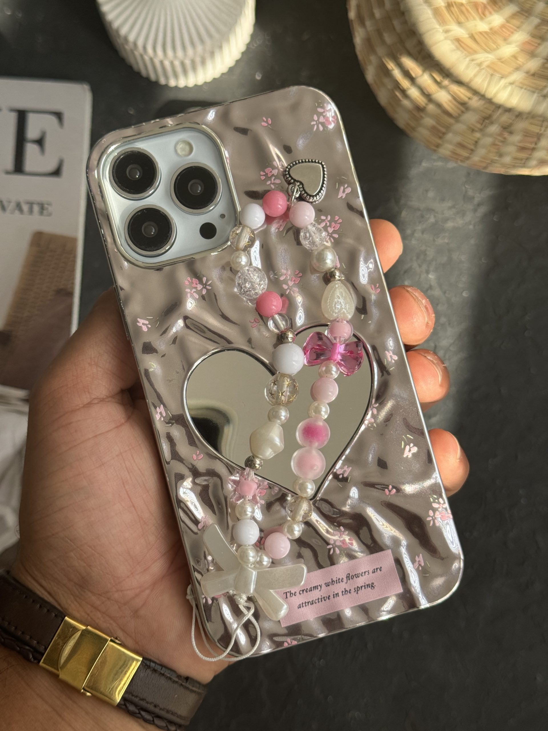 قاب آیفون گل ریز قلب آیینه ای موج دار رزگلد بنددار