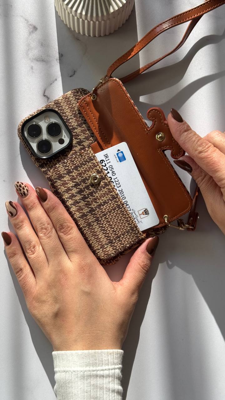 قاب آیفون سلین استریپ پارچه ای قهوه ای جاکارتی + بند بلند