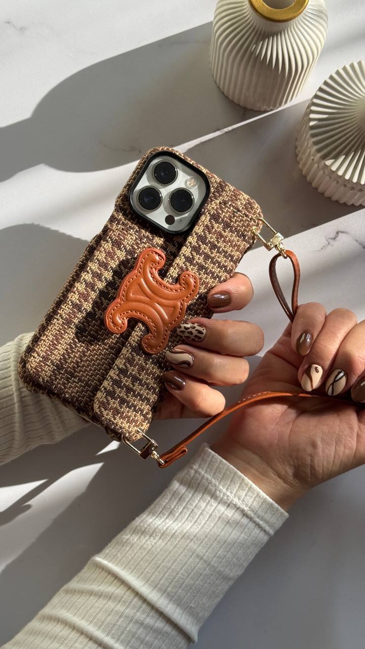 قاب آیفون سلین استریپ پارچه ای قهوه ای جاکارتی + بند بلند
