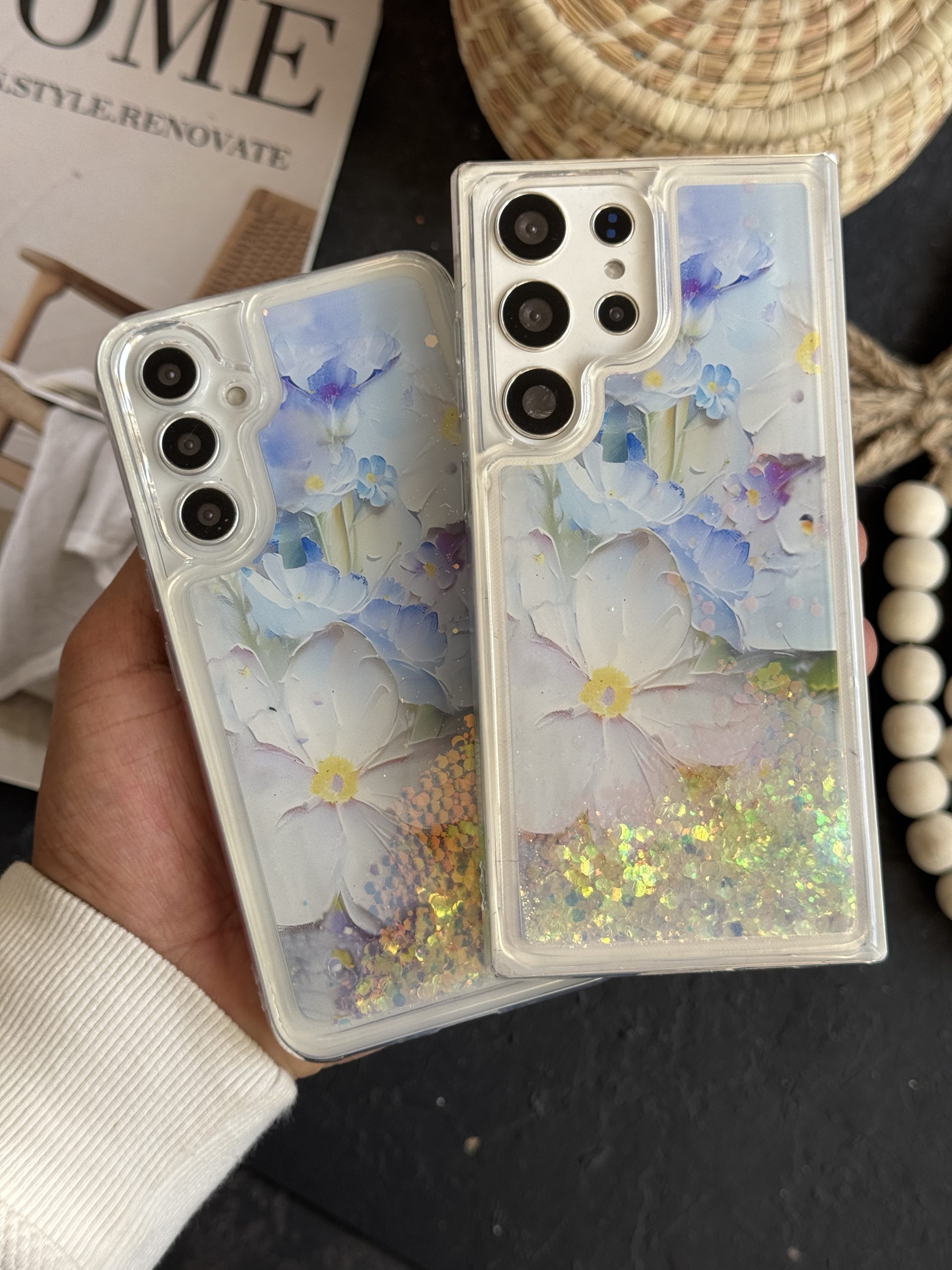 قاب موبایل گل لوندر آکواریومی متحرک پولکی