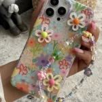قاب آیفون گل بابونه رنگی رنگی برجسته + بندست