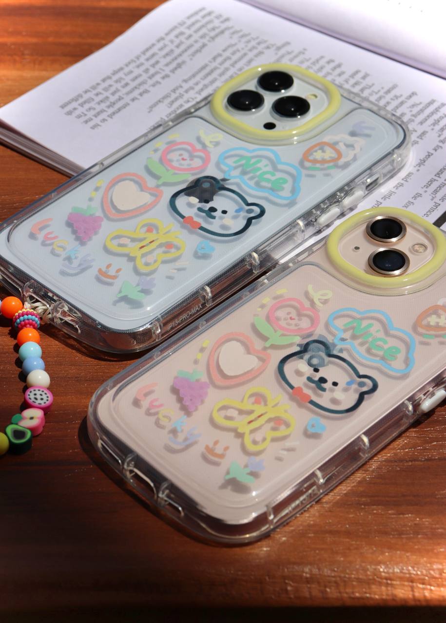 قاب موبایل آیفون خرس و پروانه نقاشی + بندست کوتاه