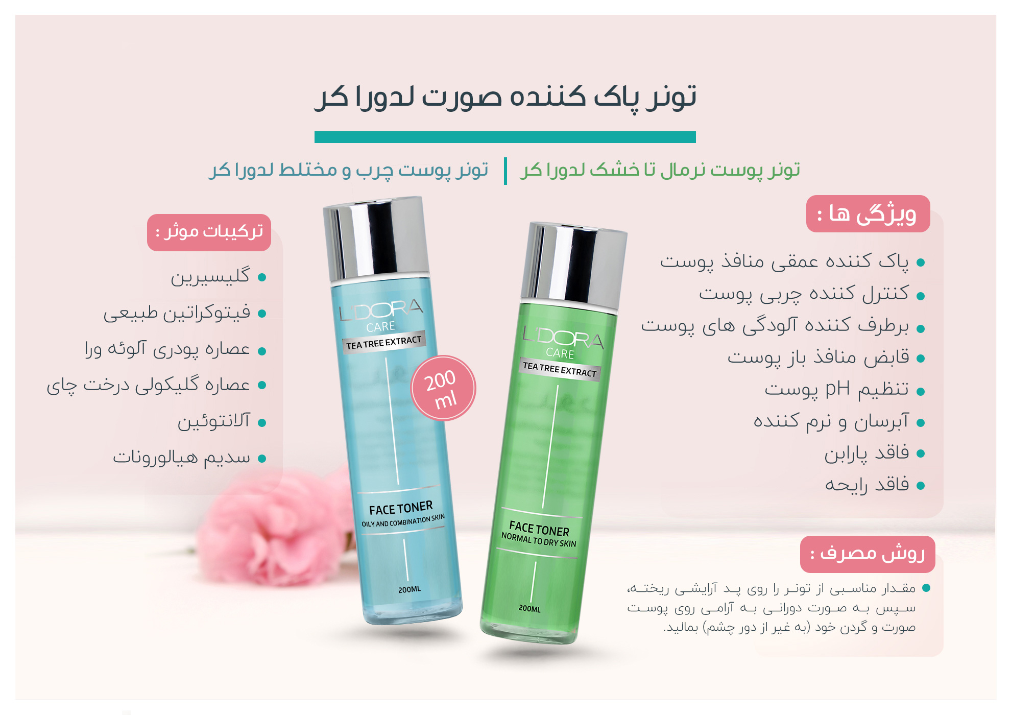تونر پوست چرب و مختلط لدورا کر 200 میلی لیتر